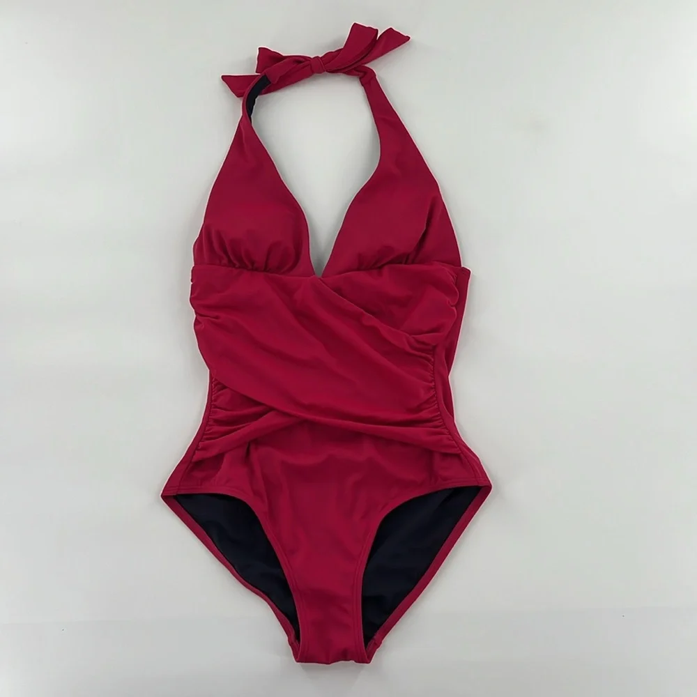 Boden Fuchsia Halter‎ Swimsuit ruching, body-sculpting lightly padded onepiece